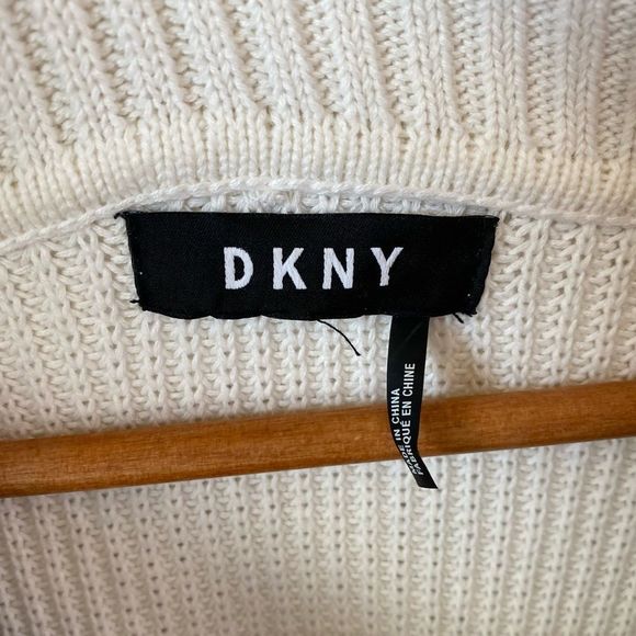 DKNY Cowl Neck Cozy Long Gray Ivory Color-block Sweater - Picture 6 of 8